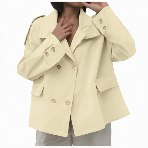 Towmus Cropped Trench Coat for Women Fashion Long Sleeve Lapel Casual Loose Fit Jacket with Pockets Double Breasted Short Blazer Jackets