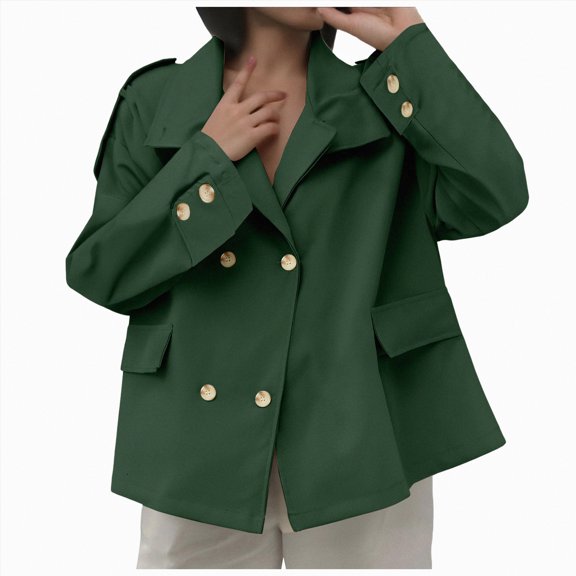 Towmus Cropped Trench Coat for Women Fashion Long Sleeve Lapel Casual Loose Fit Jacket with Pockets Double Breasted Short Blazer Jackets