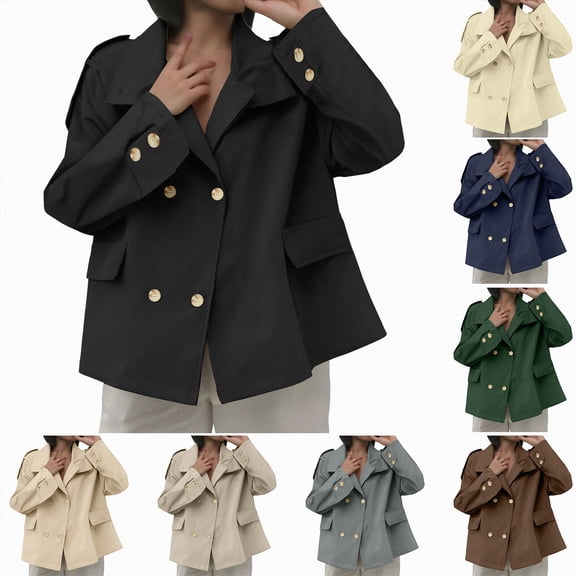 Towmus Cropped Trench Coat for Women Fashion Long Sleeve Lapel Casual Loose Fit Jacket with Pockets Double Breasted Short Blazer Jackets
