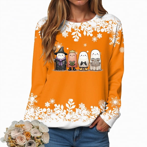 Towmus Cute Ghost Reading Book Lovers Halloween Ghost Coffee Sweatshirt for Women Crewneck Long Sleeve Pullover Fall Christmas Snowflake Sweatshirts