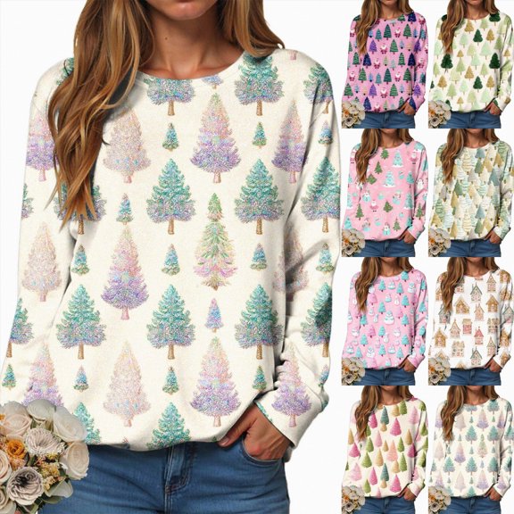 Towmus Cute Long Sleeve Tops Casual Women Sweatshirts Christmas Oversized Pullovers Graphic Print Crew Neck Sweatshirt