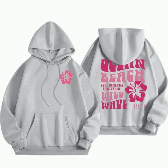 Towmus Cute Pink Flower Hoodie for Woman Preppy Sweatshirts Trendy Puff Print Letter Graphic Hoodies Casual Pullover Tops