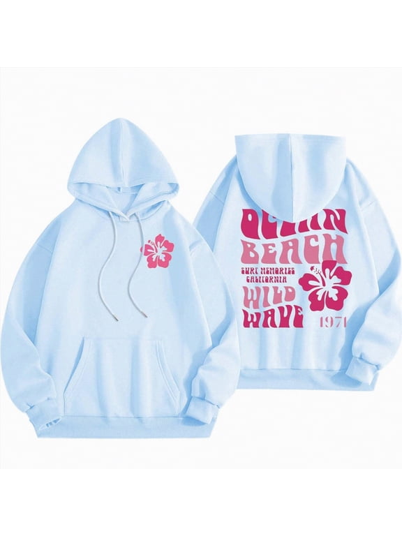 Cute Pink Flower Hoodie for Woman Preppy Sweatshirts Trendy Puff Print Letter Graphic Hoodies Casual Pullover Tops