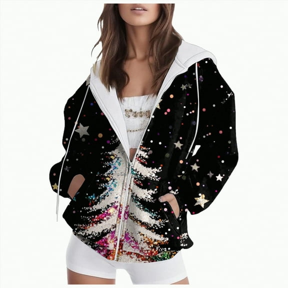 Towmus Fall Clothes for Women Snowflake Print Graphic Xmas 2025 Zip Up Long Sleeve Hooded Sweatshirts Drawstring Winter Coat