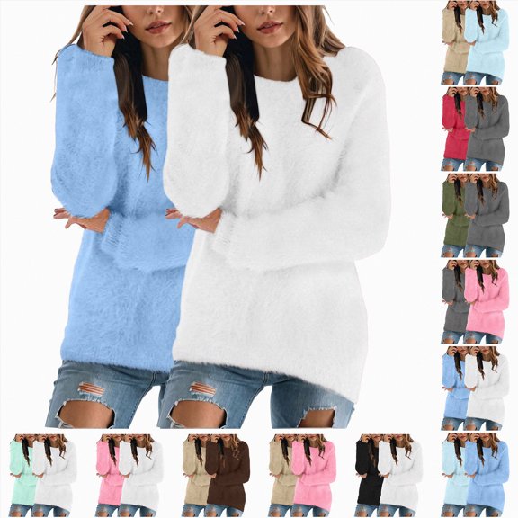 Towmus Fuzzy Plush Tops for Women Casual Fall Long Sleeve Sweatshirts Crewneck Pullover Tops Plus Size Winter Coats S-5XL