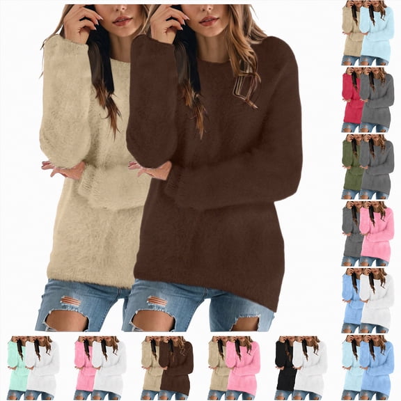 Towmus Fuzzy Plush Tops for Women Casual Fall Long Sleeve Sweatshirts Crewneck Pullover Tops Plus Size Winter Coats S-5XL