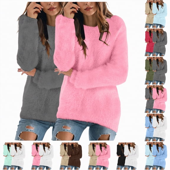 Towmus Fuzzy Plush Tops for Women Casual Fall Long Sleeve Sweatshirts Crewneck Pullover Tops Plus Size Winter Coats S-5XL
