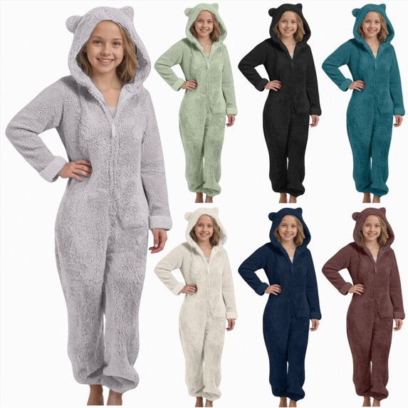 Towmus Girls Fleece Hooded Onesie Pajamas LinedOne Piece Fuzzy Sleepwear Zip Up Jumpsuits Winter Warm Lounge Outfits with Pockets