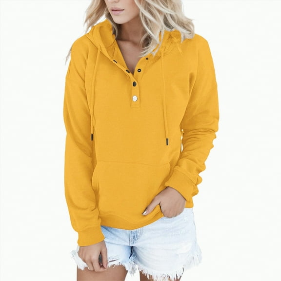 Towmus Half Boutton Womens Hoodies Drawstring Hooded Sweatshirts for Woman Long Sleeve V Neck Solid Color Pullover Tops With Pocket