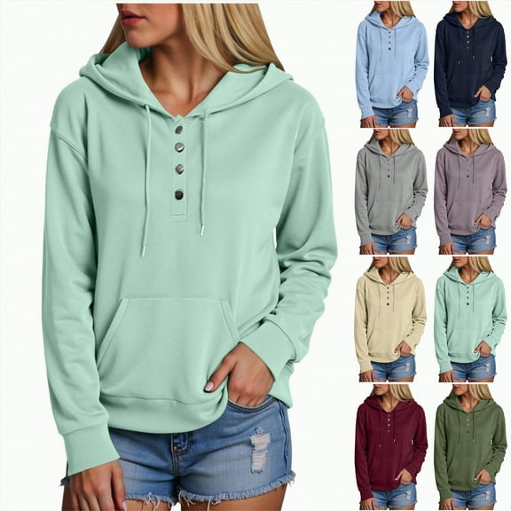Towmus Half Boutton Womens Hoodies Solid Color Drawstring Casual Hooded Sweatshirts for Woman with Pocket