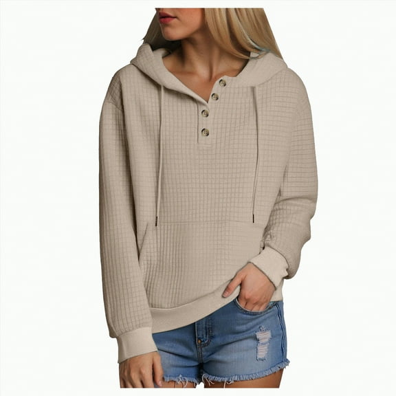 Towmus Half Button Womens Hoodies Waffle Knit Long Sleeve Drawstring Hooded Sweatshirts for Woman With Pocket