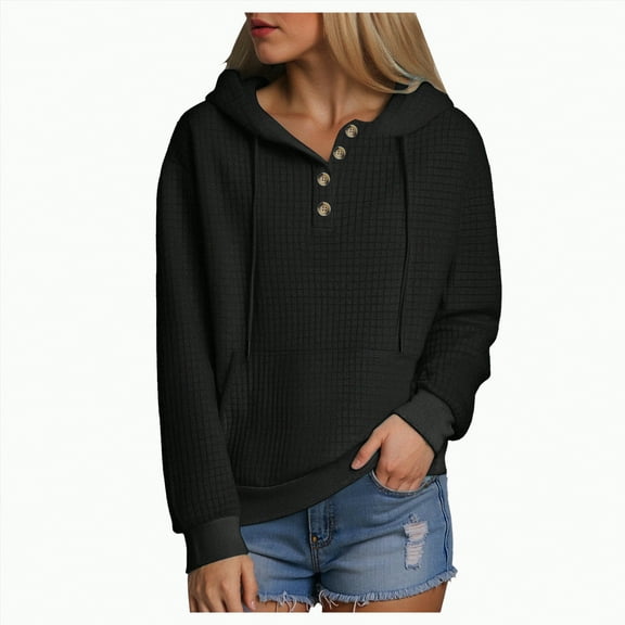 Towmus Half Button Womens Hoodies Waffle Knit Long Sleeve Drawstring Hooded Sweatshirts for Woman With Pocket