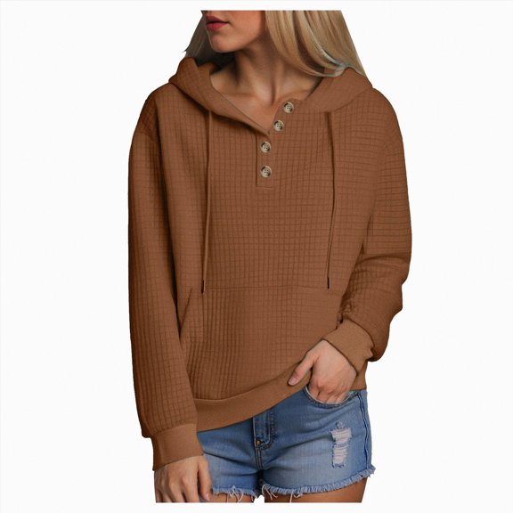 Towmus Half Button Womens Hoodies Waffle Knit Long Sleeve Drawstring Hooded Sweatshirts for Woman With Pocket
