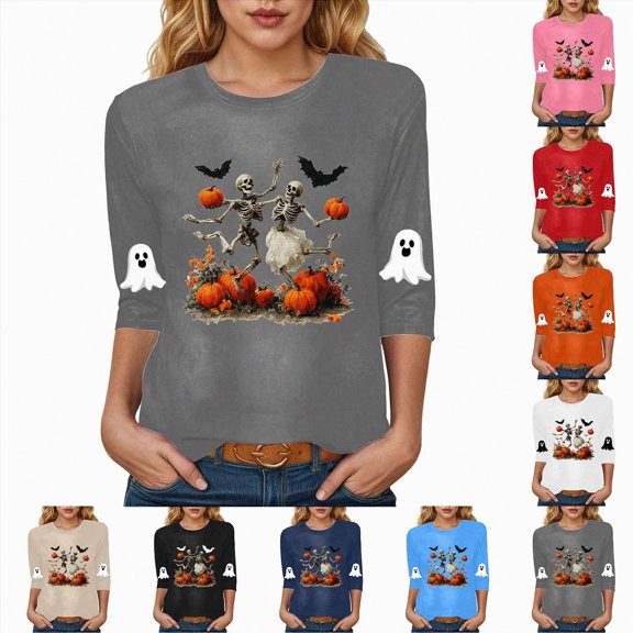 Towmus Halloween Blouses for Women Dressy Casual 3/4 Length Sleeve Womens Tops Graphic Fashion Shirts S-3XL