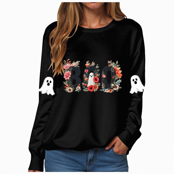 Towmus Halloween Boo Sweatshirts Cute Printed Top Ghost Fall Embroidered Sweater Crewneck Fall Pullover Tops