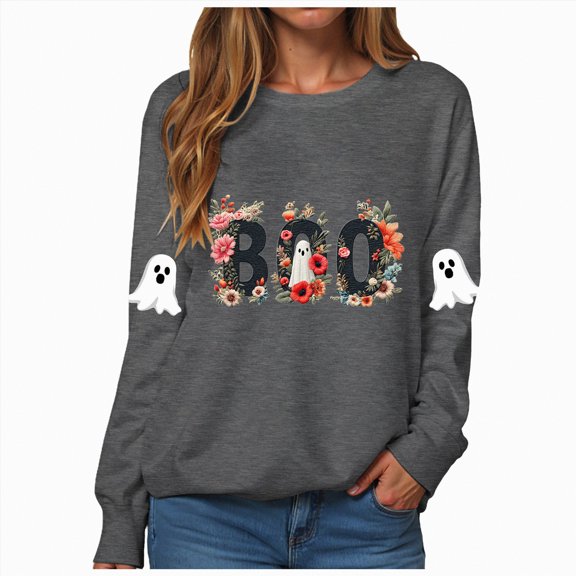 Towmus Halloween Boo Sweatshirts Cute Printed Top Ghost Fall Embroidered Sweater Crewneck Fall Pullover Tops