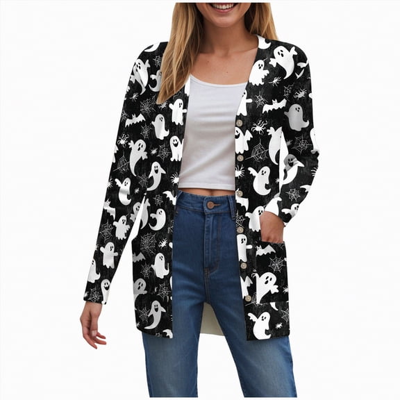 Towmus Halloween Cardigan For Women Fashion Cute Pumpkin Print Cardigans Sweaters Casual Open Front Long Sleeve Coats With Pockets