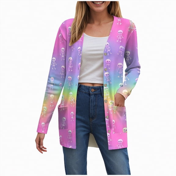 Towmus Halloween Cardigan For Women Fashion Cute Pumpkin Print Cardigans Sweaters Casual Open Front Long Sleeve Coats With Pockets