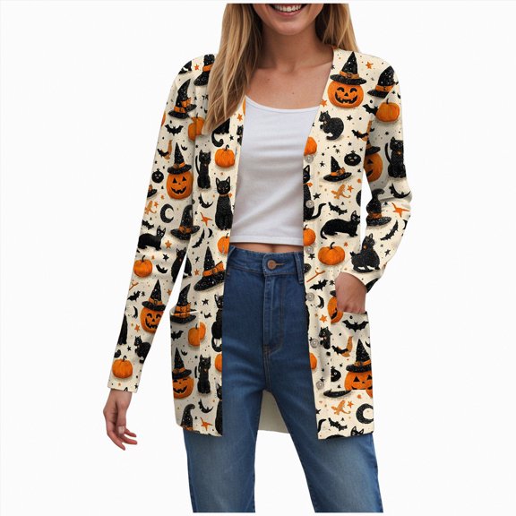 Towmus Halloween Cardigan For Women Fashion Cute Pumpkin Print Cardigans Sweaters Casual Open Front Long Sleeve Coats With Pockets