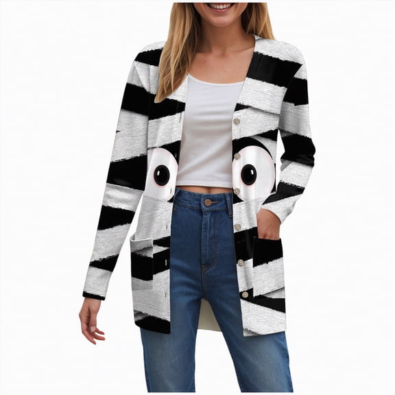 Towmus Halloween Cardigan For Women Summer Fall Oversized Tie-Dye Long Sleeve Open Front Cardigans Coat with Pockets