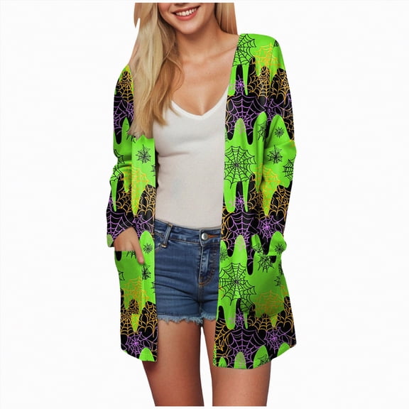 Towmus Halloween Cardigan Jacket Cute Pumpkin Open Front Jacket Coat Casual Fashion Outerwear Long Sleeve Outerwear with Pockets