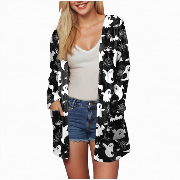Towmus Halloween Cardigan Jacket Cute Pumpkin Open Front Jacket Coat Casual Fashion Outerwear Long Sleeve Outerwear with Pockets