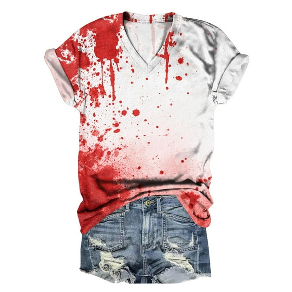 Towmus Halloween Clothes Short Sleeve Shirts Funny Tshirt Loose Fit Hand Printed V Neck Tops