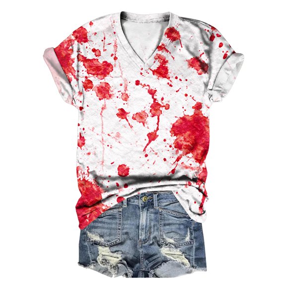 Towmus Halloween Clothes Short Sleeve Shirts Funny Tshirt Loose Fit Hand Printed V Neck Tops