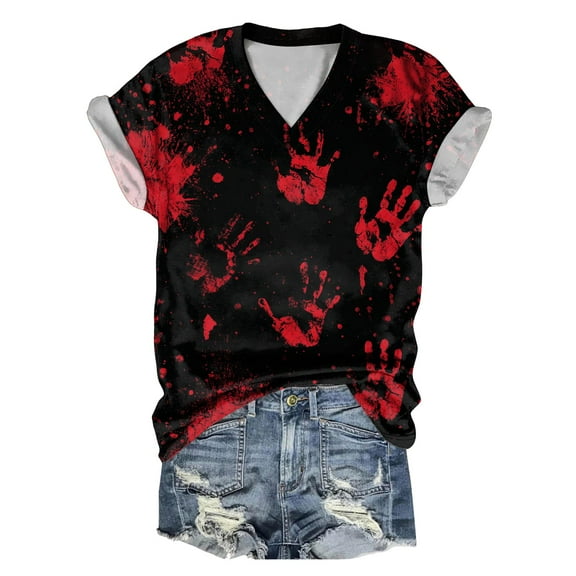 Towmus Halloween Clothes Women's v Neck Funny Tops Print Short Sleeve T-Shirt