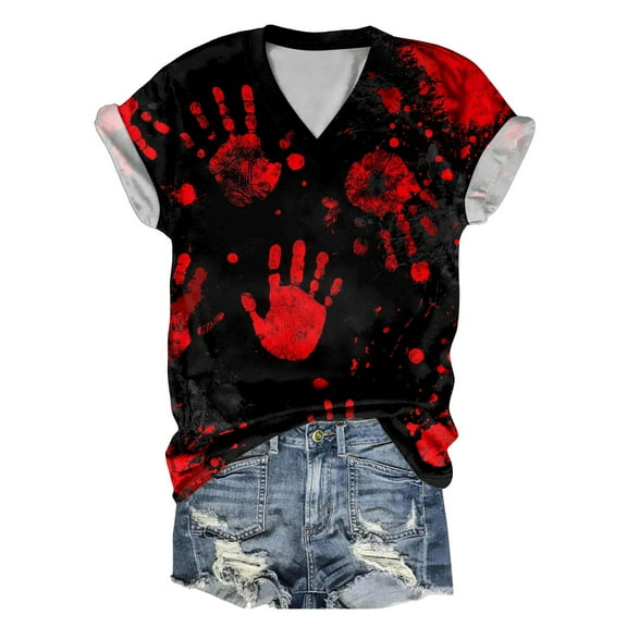 Towmus Halloween Clothes Women's v Neck Funny Tops Print Short Sleeve T-Shirt