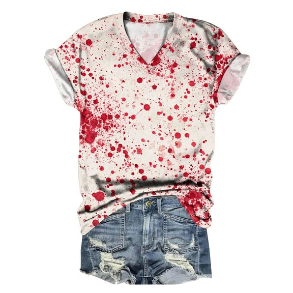 Towmus Halloween Clothes Women's v Neck Funny Tops Print Short Sleeve T-Shirt