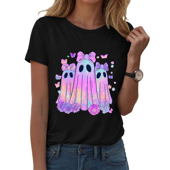 Towmus Halloween Doodles Shirt for Women Cute Ghost With Flowers Funny Crew Neck Casual Printed T-Shirt
