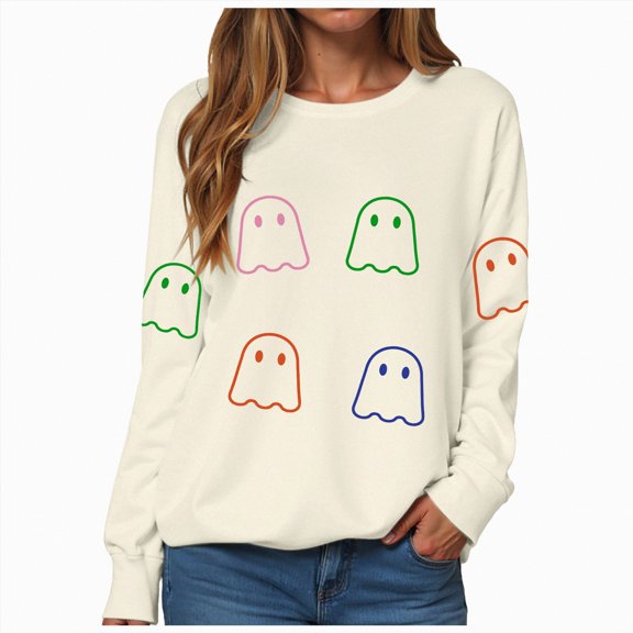 Towmus Halloween Ghost Colorful Sequin Sweatshirt Women Crewneck Long Sleeve Tops Fall Hoodie Party Pullover