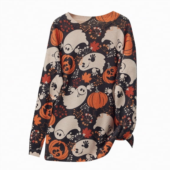 Towmus Halloween Knitted Sweaters for Women Ghost Print Pullover Sweater Casual Loose Knitted Crewneck Tops