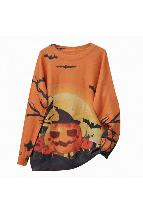 Halloween Knitted Sweaters for Women Pumpkin Graphic Pullover Casual Loose Fall Winter Long Sleeve Tops