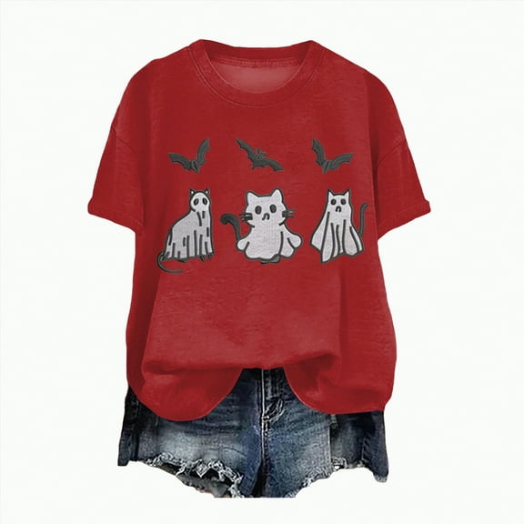Towmus Halloween Pumpkin Print Tops Cute Cat Lovers T-shirts Short Sleeve Casual Graphic Tees for Daily Outfits Cotton Shirts