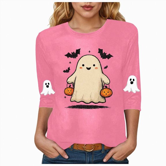 Towmus Halloween Shirt for Women Funny Halloween Graphic Printed Tunic Tops 3/4 Sleeve Holiday T Shirts