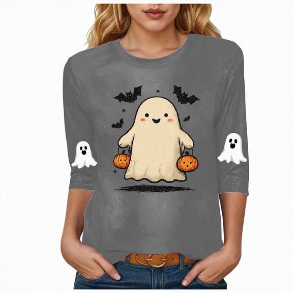 Towmus Halloween Shirt for Women Funny Halloween Graphic Printed Tunic Tops 3/4 Sleeve Holiday T Shirts