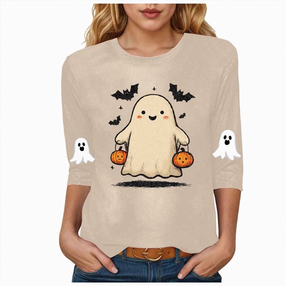 Towmus Halloween Shirt for Women Funny Halloween Graphic Printed Tunic Tops 3/4 Sleeve Holiday T Shirts