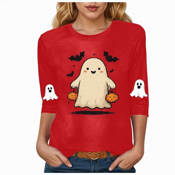 Towmus Halloween Shirt for Women Funny Halloween Graphic Printed Tunic Tops 3/4 Sleeve Holiday T Shirts