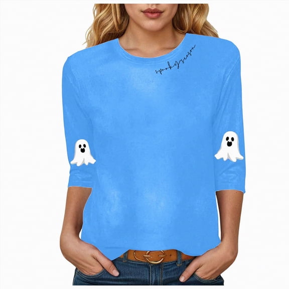 Towmus Halloween Shirts for Women 3/4 Sleeve Graphic Crew Neck T Shirt Oversized Casual Womens Blouse