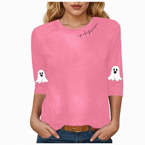 Towmus Halloween Shirts for Women 3/4 Sleeve Graphic Crew Neck T Shirt Oversized Casual Womens Blouse