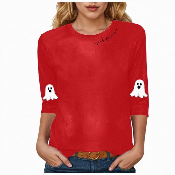 Towmus Halloween Shirts for Women 3/4 Sleeve Graphic Crew Neck T Shirt Oversized Casual Womens Blouse
