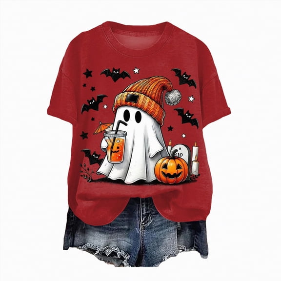 Towmus Halloween Shirts for Women Cute Ghost Fall Pumpkin T-Shirt Coffee Lover Graphic Tees Casual Short Sleeve Tops