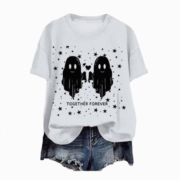 Towmus Halloween Shirts for Women Cute Ghost Shirt Fall Printed T-Shirt Casual Graphic Tees Y2K Short Sleeve Tops