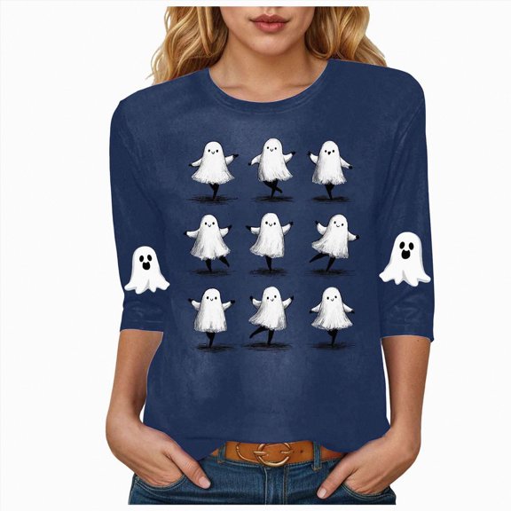 Towmus Halloween Shirts for Women Plus Size Trendy Crew Neck Graphic Tops Oversized 3/4 Sleeve Blouses