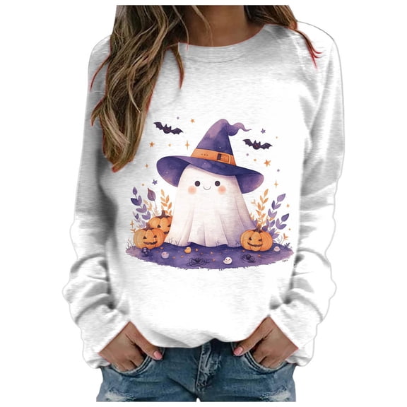 Towmus Halloween Shirts for Women Sweatshirt Cute Doll Graphic Pullover Tops Funny Novelty Pumpkin Print Crewneck Sweatshirts