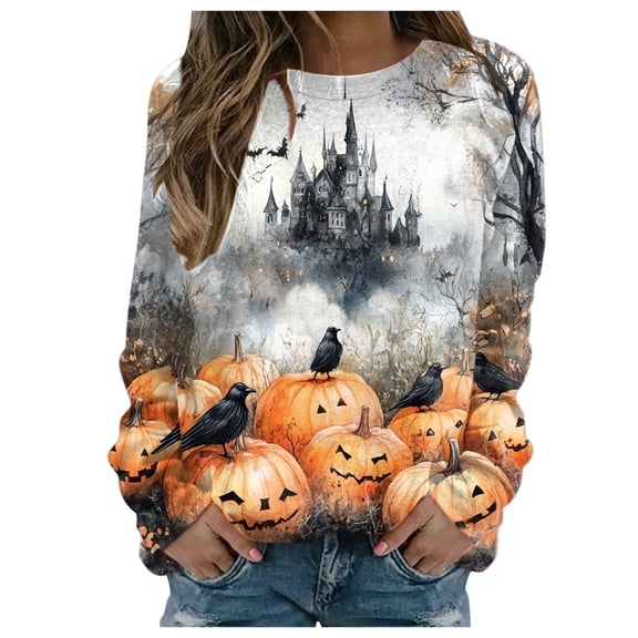 Towmus Halloween Shirts for Women Sweatshirt Cute Doll Graphic Pullover Tops Funny Novelty Pumpkin Print Crewneck Sweatshirts
