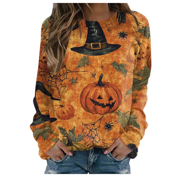 Towmus Halloween Shirts for Women Sweatshirt Cute Doll Graphic Pullover Tops Funny Novelty Pumpkin Print Crewneck Sweatshirts