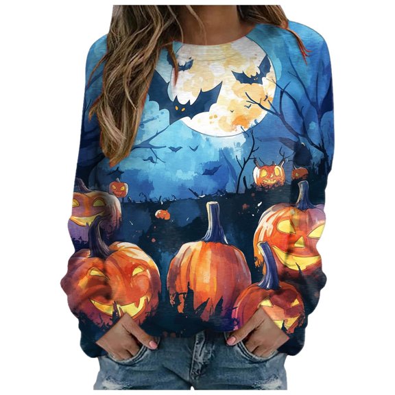 Towmus Halloween Shirts for Women Sweatshirt Cute Doll Graphic Pullover Tops Funny Novelty Pumpkin Print Crewneck Sweatshirts